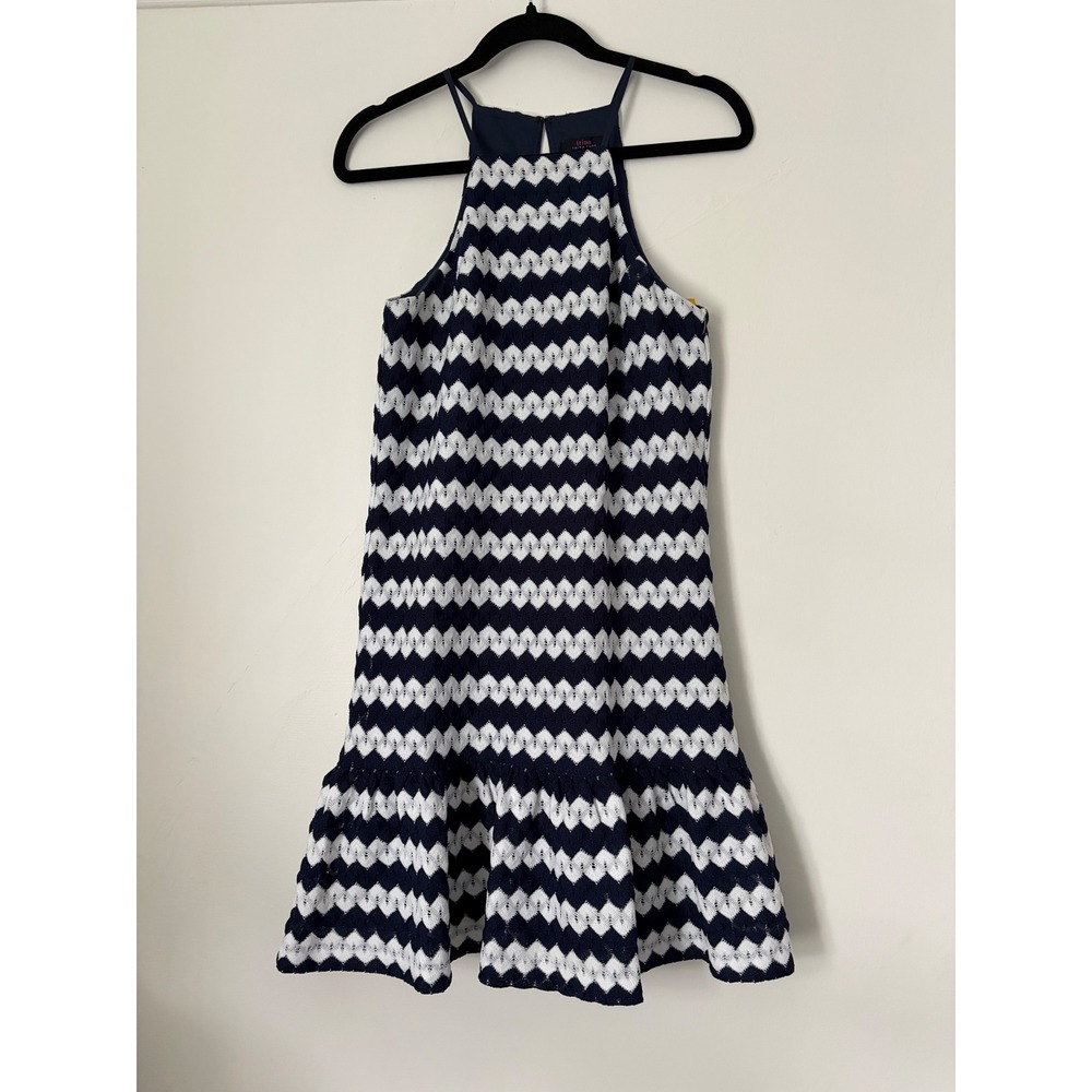Trina Turk Navy White Chevron Lace Halter Drop Waist Ruffle Hem Mini Dress